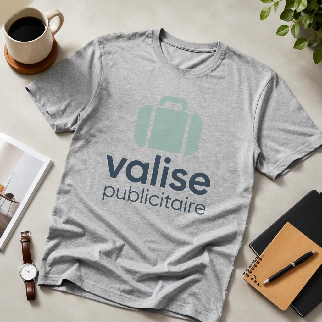 T-shirt gris chiné en flat lay studio avec grand logo valise publicitaire, lumière douce et texture du tissu nette.