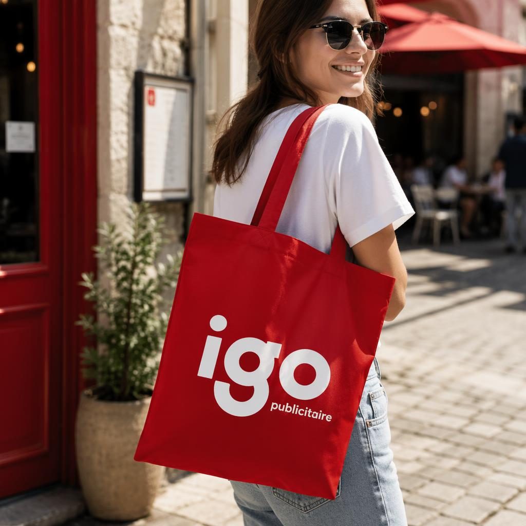 Tote bag rouge classique en extérieur avec grand logo blanc igo publicitaire, rendu photo réaliste net