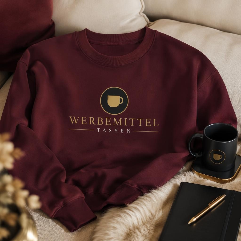 Fotorealistisches bordeauxfarbenes Sweatshirt mit zentriertem werbemittel tassen Logo im Cozy-Home-Setting