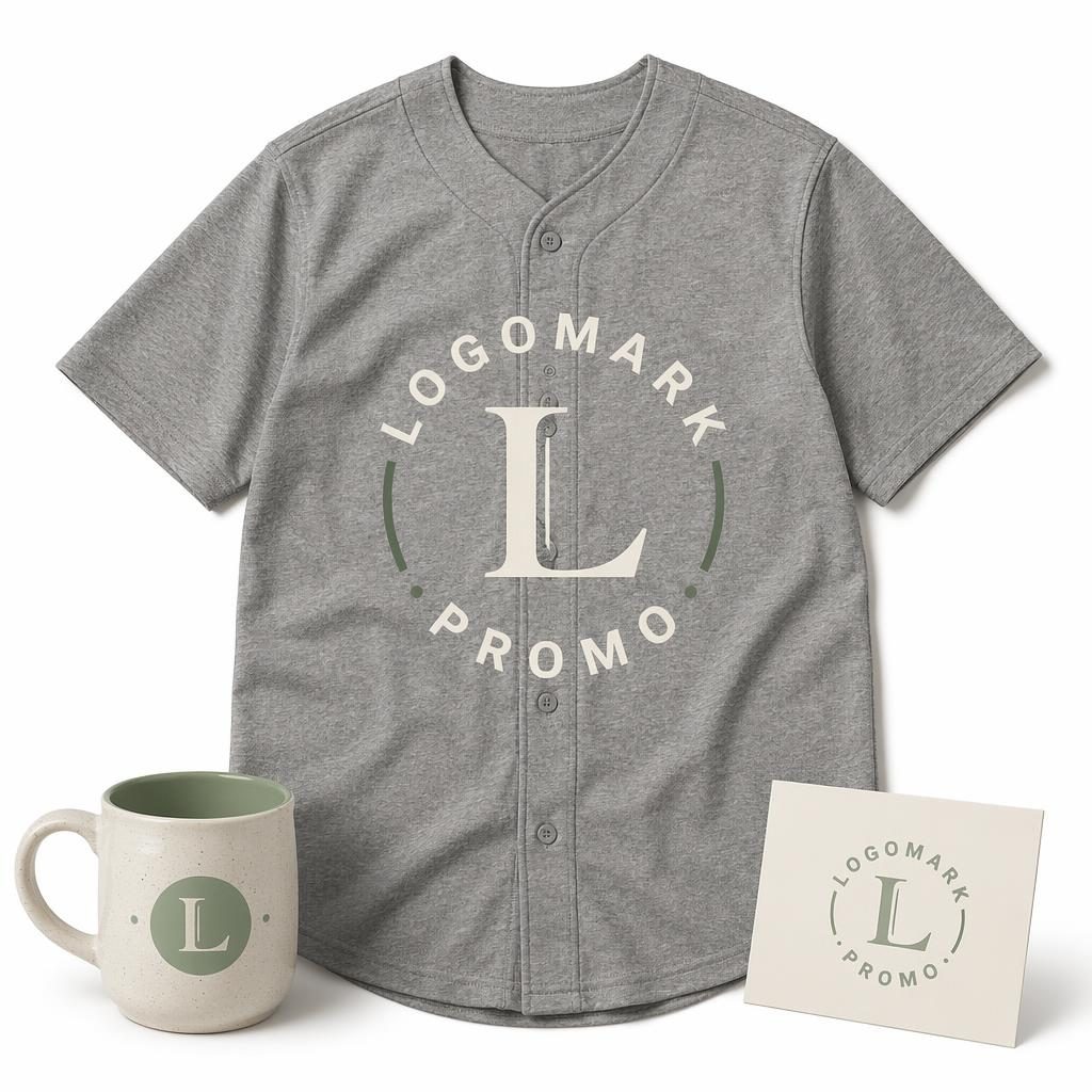 Heather gray baseball jersey mockup on a white background with a large sage and ivory logomark promo print.