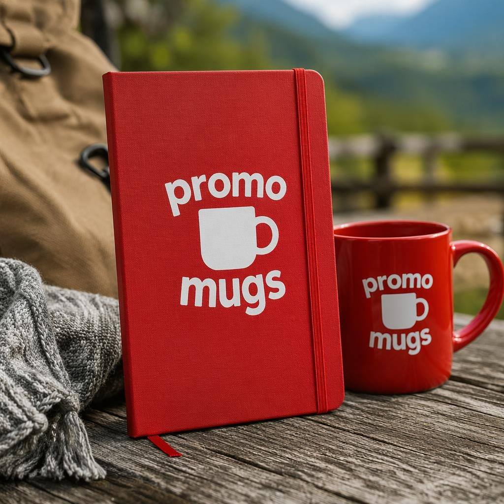 Photoreal red notebook mockup outdoors with large promo mugs logo, sharp paper texture and bold red-white branding