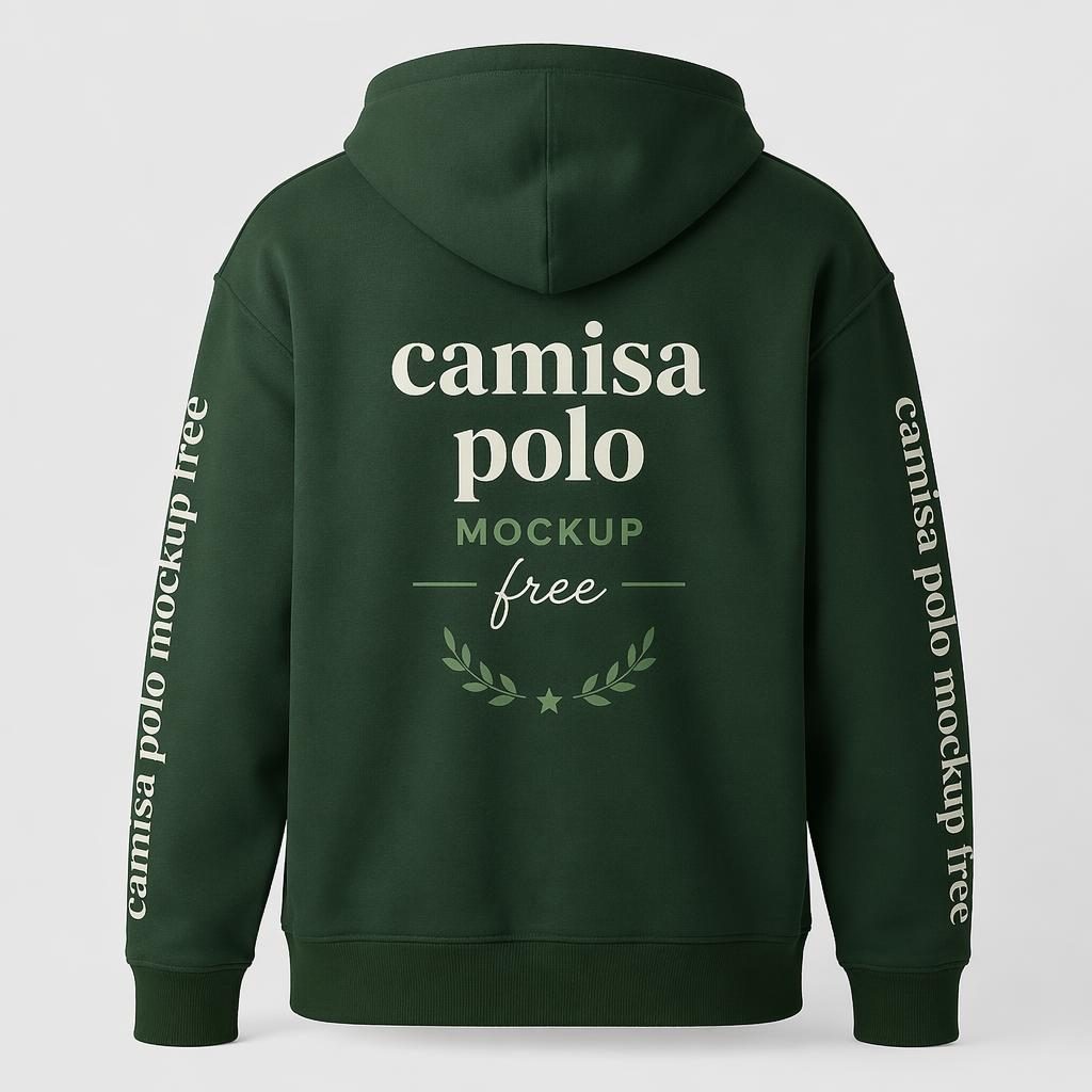 Sudadera verde bosque sobre fondo blanco con logo envolvente en tonos salvia y marfil, estilo mockup fotográfico