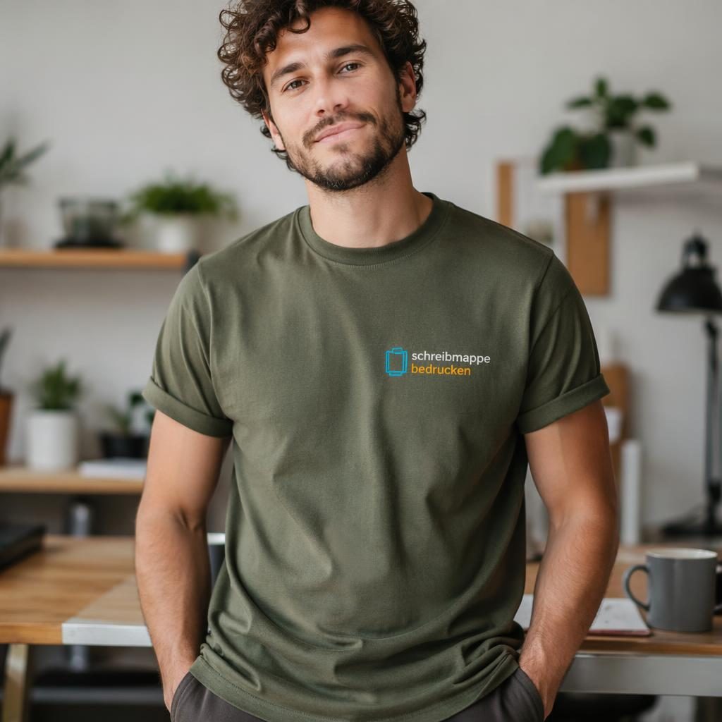 Model trägt olivgrünes T-Shirt mit gesticktem schreibmappe bedrucken Logo in lebendigem Farbverlauf