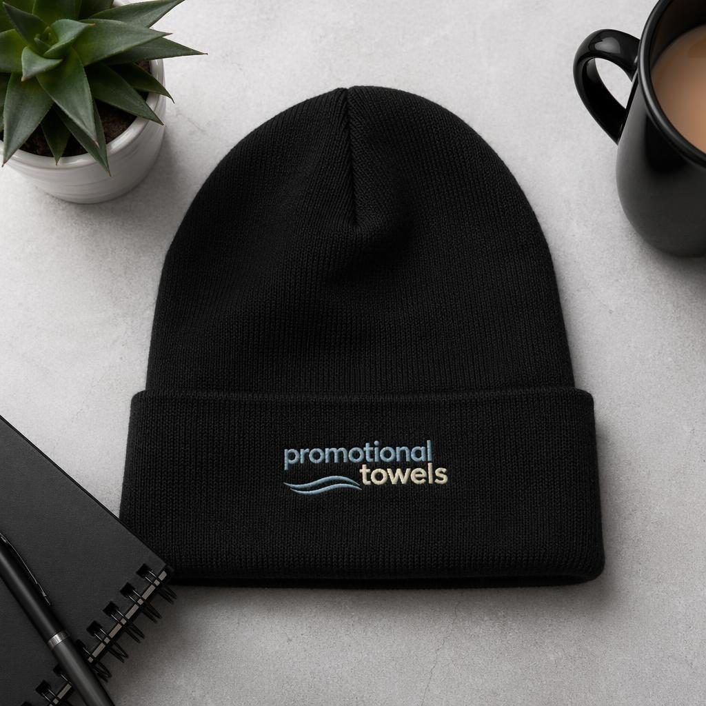 Black beanie flat lay mockup with generic promotional towels embroidery in soft pastel tones on a studio background
