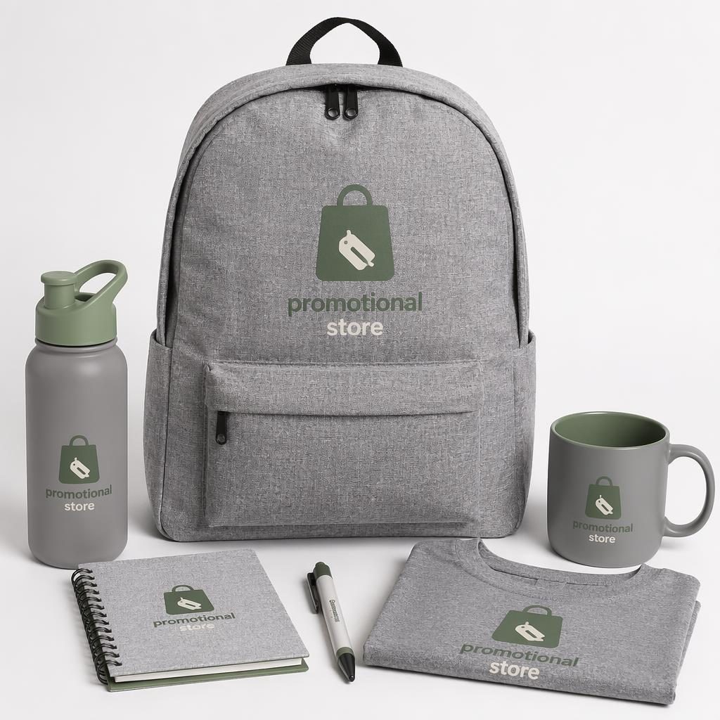 Heather gray sticker pack mockup with generic promotional store logo on back, white background, sage and ivory palette.