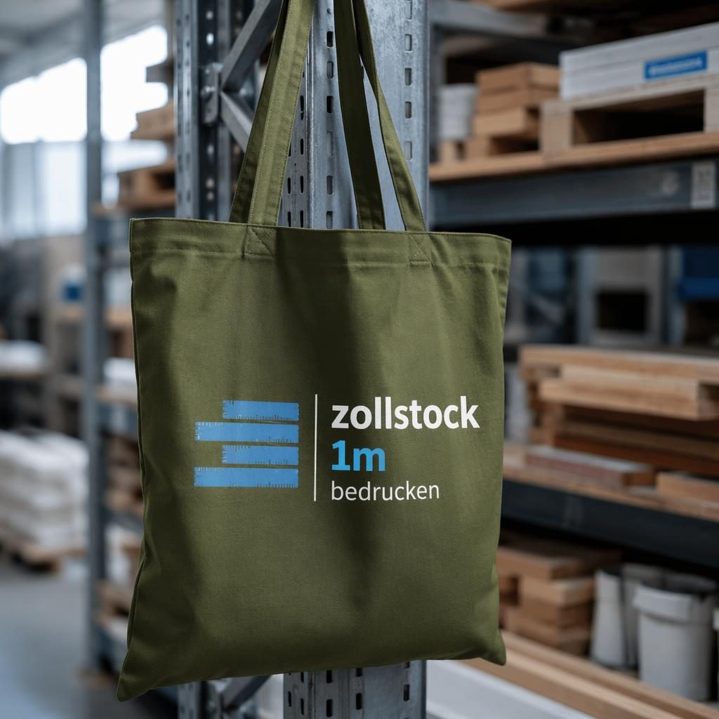 Fotorealistisches Mockup einer olivgrünen Stofftasche im Industrie-Look mit blauem Logoaufdruck und natürlicher Textur