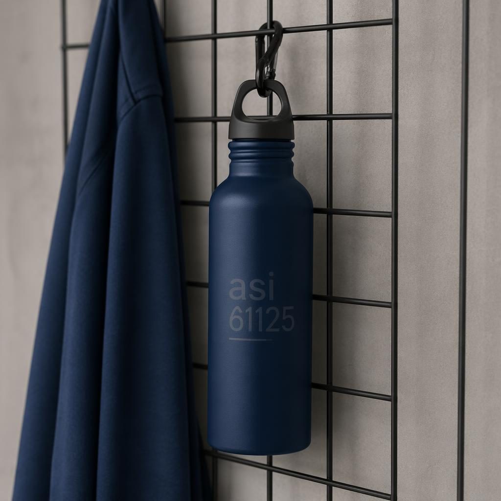 Photo-real navy water bottle hanging on a rack with a subtle tone-on-tone asi 61125 logo in a clean studio setup.