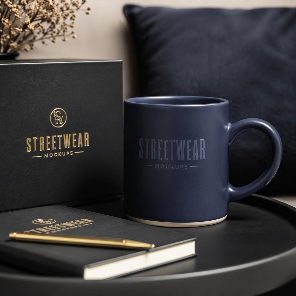 Photo-real navy ceramic mug with subtle tone-on-tone streetwear mockups logo in a cozy black and gold home setting.