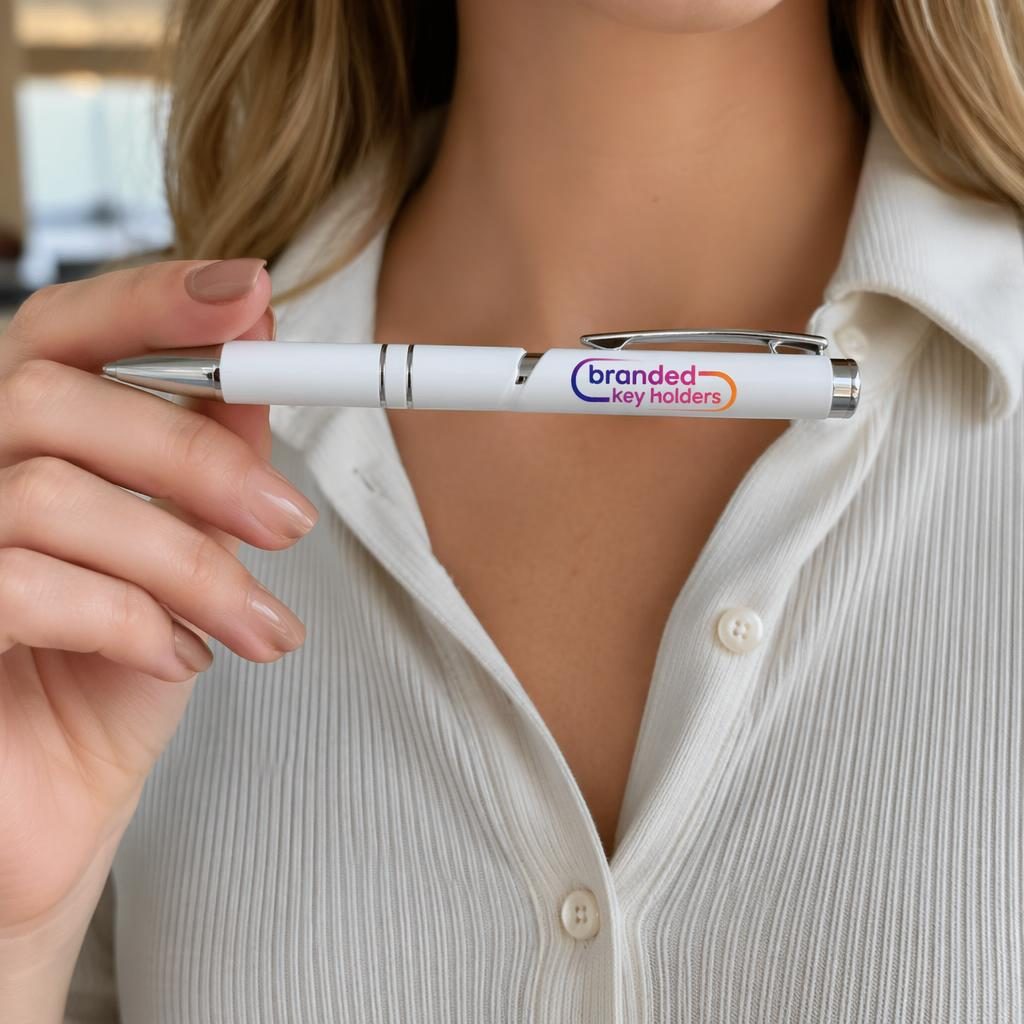 Photo-real white pen mockup with wrap-around branded key holders logo in a vibrant gradient, studio-lit and sharp.