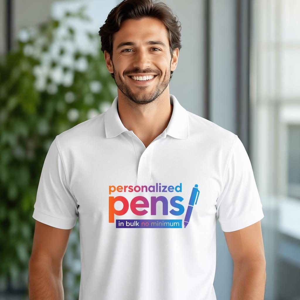Model wearing a white polo shirt mockup with a colorful gradient placeholder logo centered on the chest.