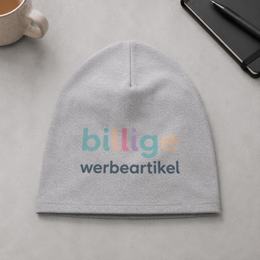 Heather-graue Beanie als Studio-Flachlay mit pastellfarbenem billige werbeartikel Logo auf der Rückseite