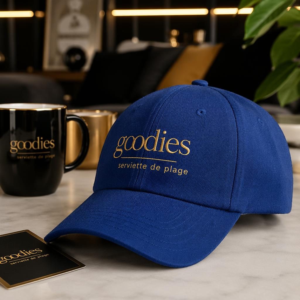 Casquette bleu royal en mockup photo réaliste, logo brodé goodies serviette de plage, ambiance cosy noire et or