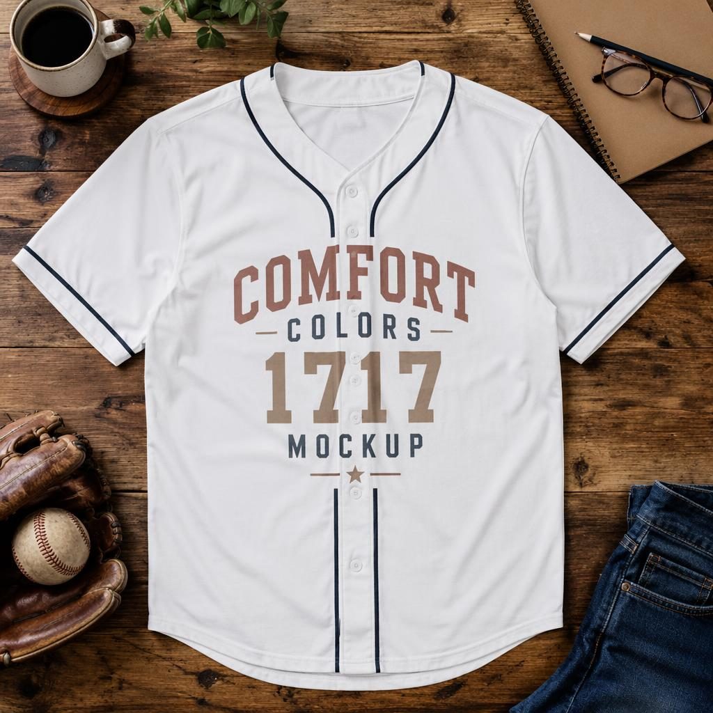 White baseball jersey mockup on a desk lifestyle set with centered placeholder logo, warm earth tones, and studio lighting.