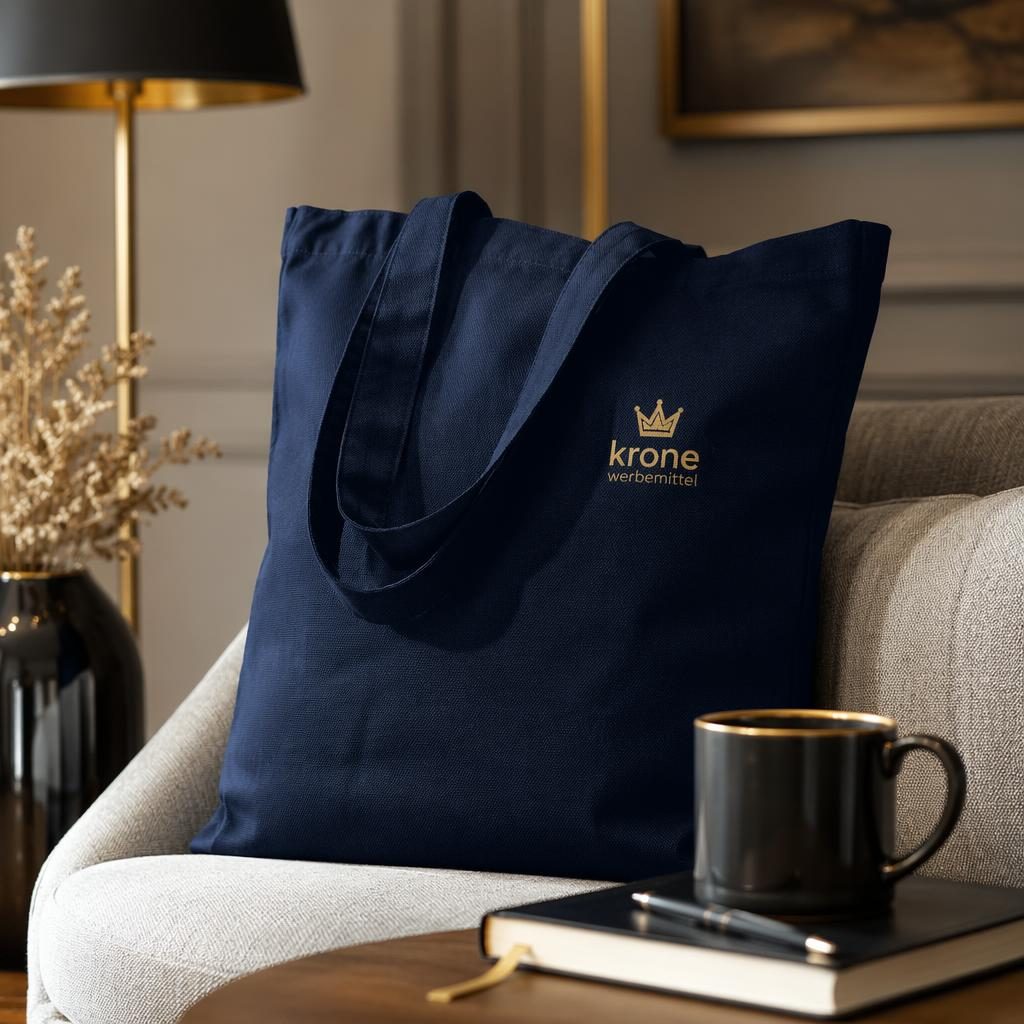 Fotorealistisches Mockup einer navyfarbenen Tote Bag mit kleinem krone werbemittel Logo in Schwarz und Gold.