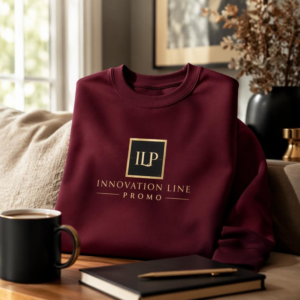 Photo-real burgundy sweatshirt mockup with innovation line promo logo centered on chest in a cozy luxury home setting.