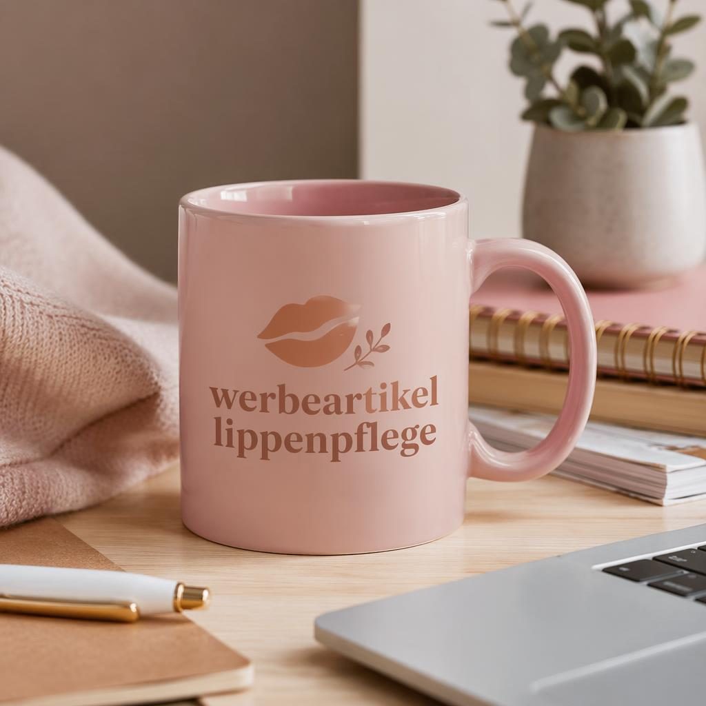 Staubrosa Keramiktasse mit großem werbeartikel lippenpflege Logo auf einem Schreibtisch in warmem Lifestyle-Setting.