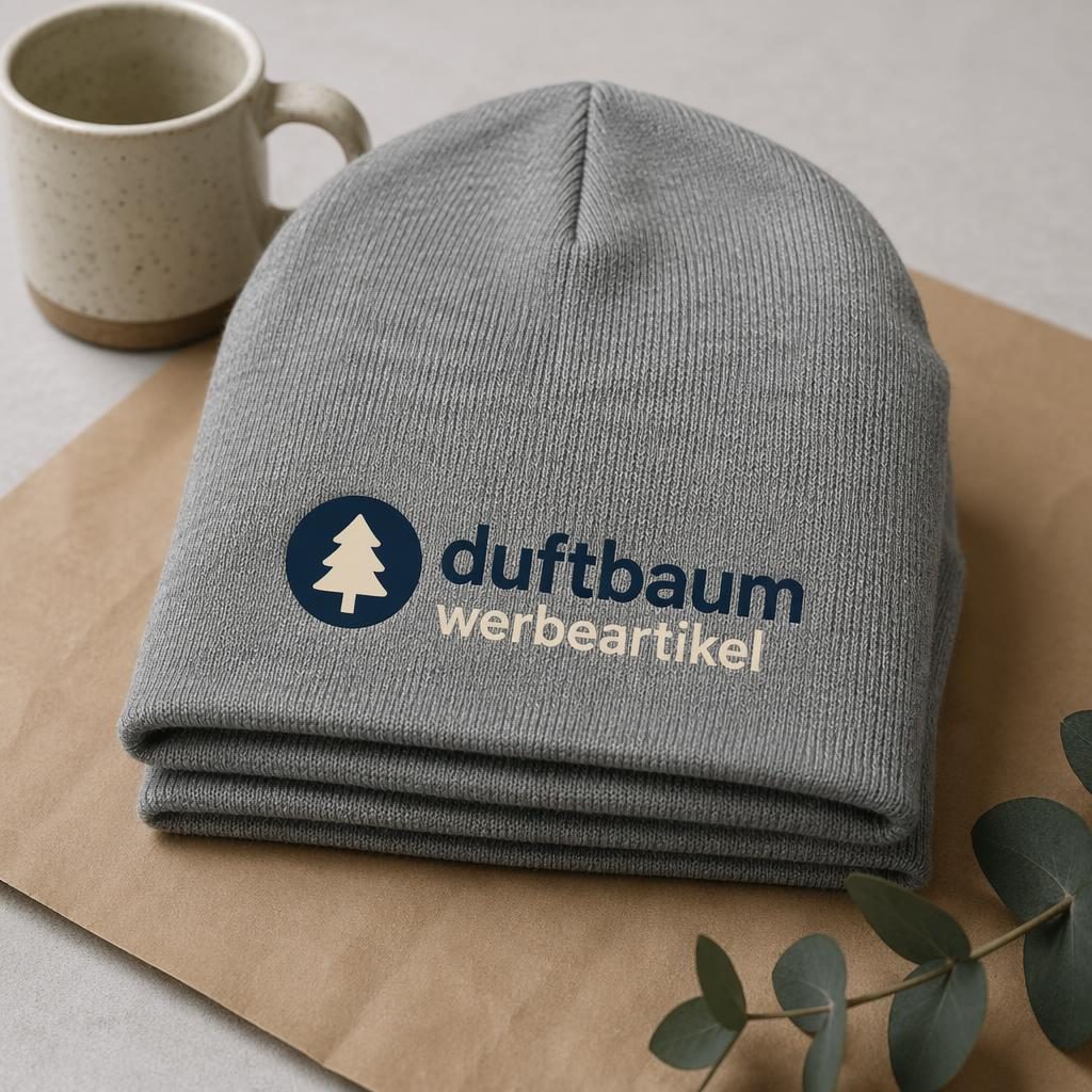 Gefaltete heather-graue Beanie mit navy-cremefarbenem duftbaum werbeartikel Logo im Studio-Setup