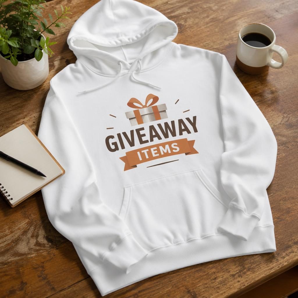 White hoodie mockup with giveaway items logo on center chest in a warm desk lifestyle scene with mug and paper props.