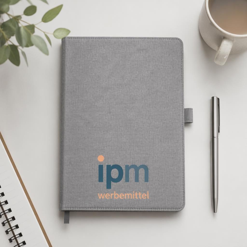 Fotorealistisches heather-graues Notizbuch im Flatlay-Studio-Mockup mit ipm werbemittel Logo auf der Rückseite.