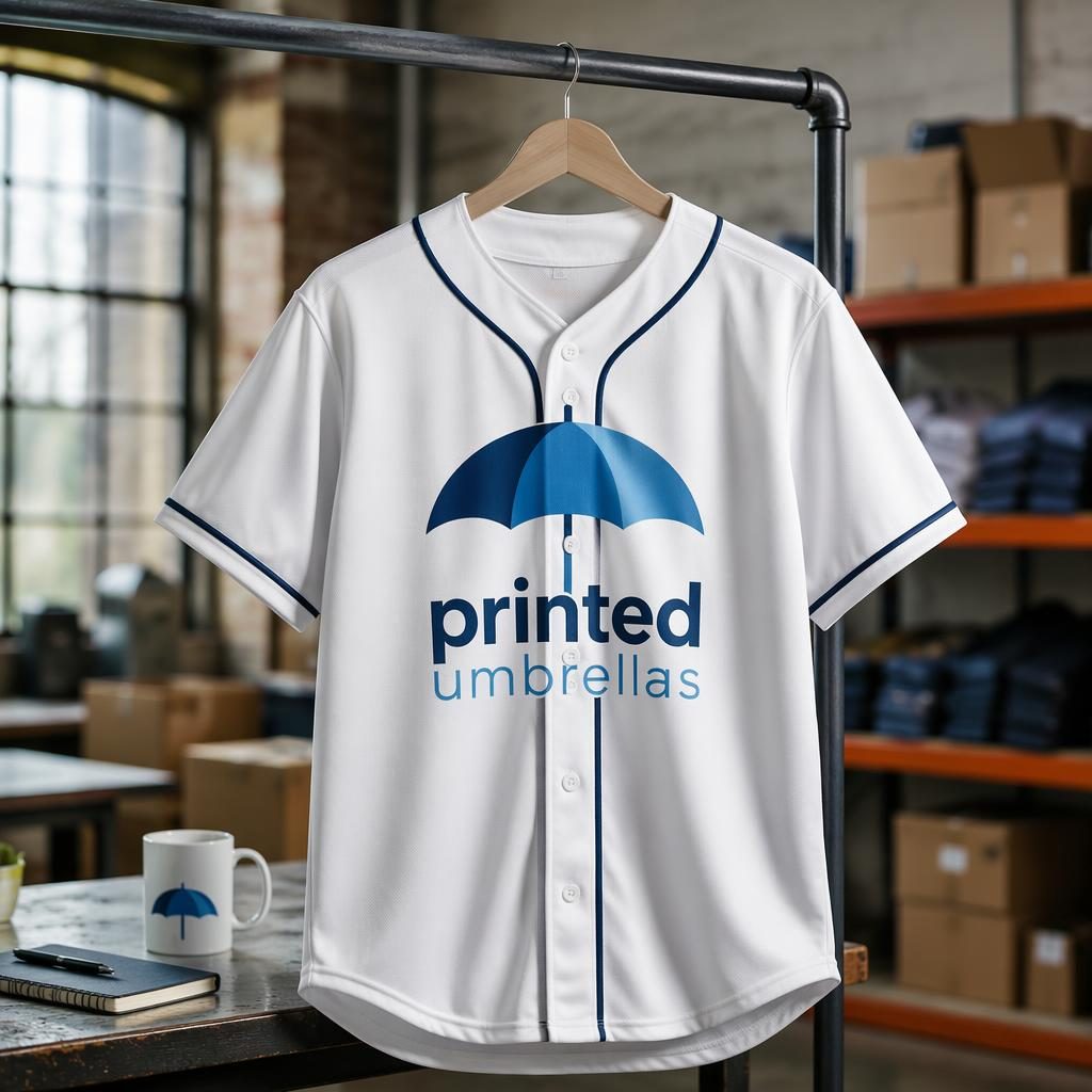 White baseball jersey mockup with printed umbrellas logo on center chest in a warehouse-style industrial studio setting.