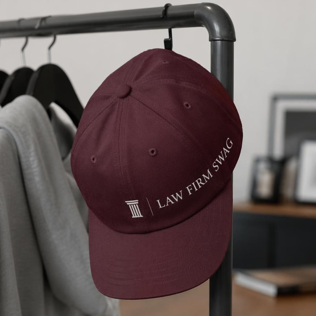 Photoreal burgundy cap mockup with wraparound law firm swag logo, hanging on a rack in a studio setting