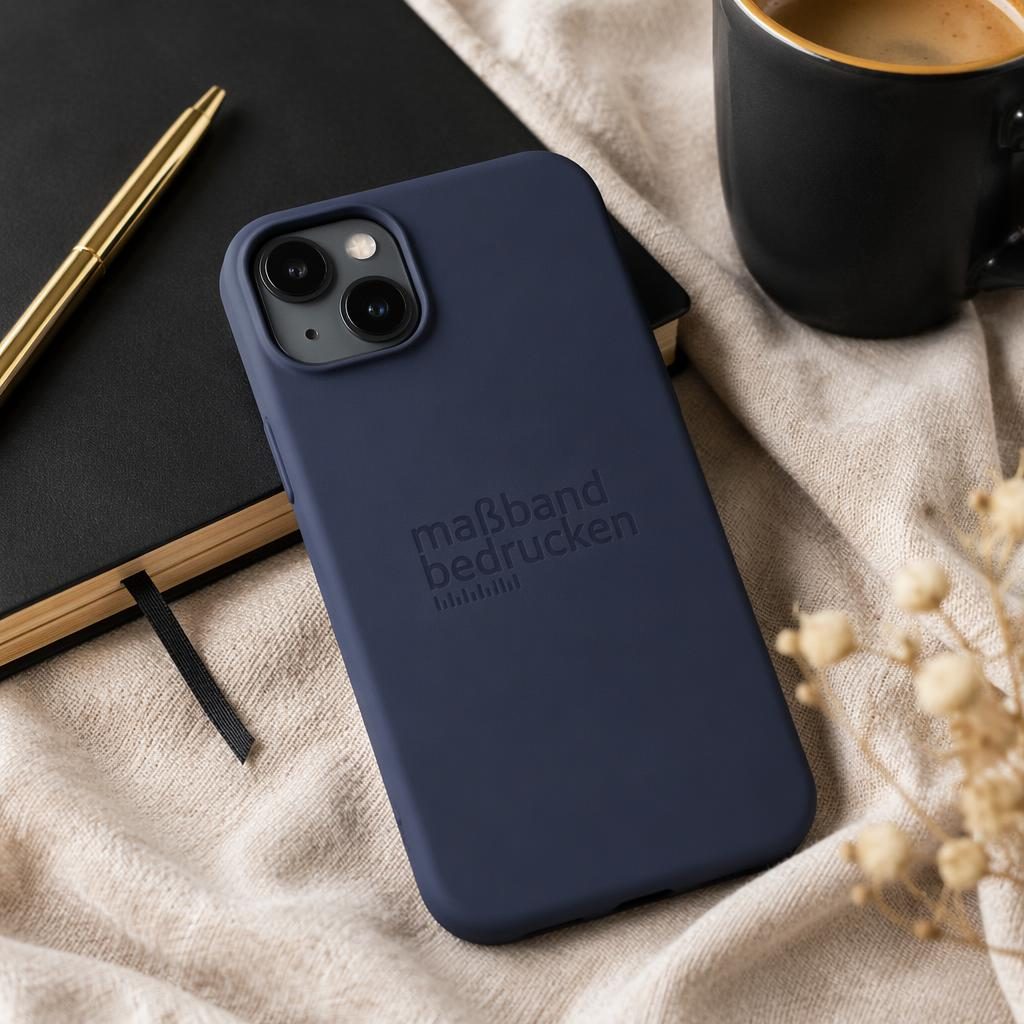 Fotorealistisches Mockup einer navyblauen Handyhülle mit dezentem Tone-on-Tone-Logo in gemütlichem Wohnambiente