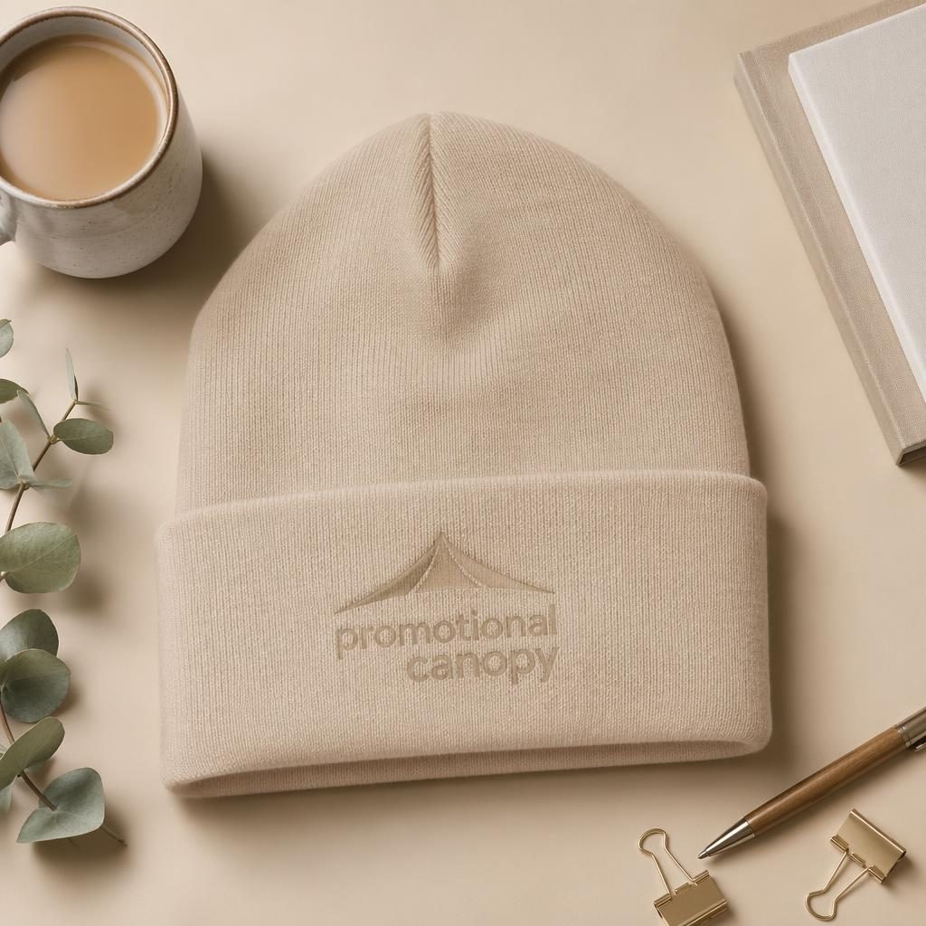 Studio flat lay of a beige sand beanie with a subtle tone-on-tone promotional canopy logo on soft pastel background.