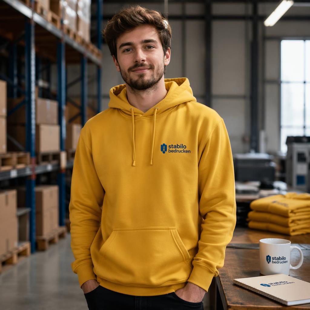 Senfgelber Hoodie mit kleinem stabilo bedrucken Logo links auf der Brust, fotografiert im industriellen Studio-Setup
