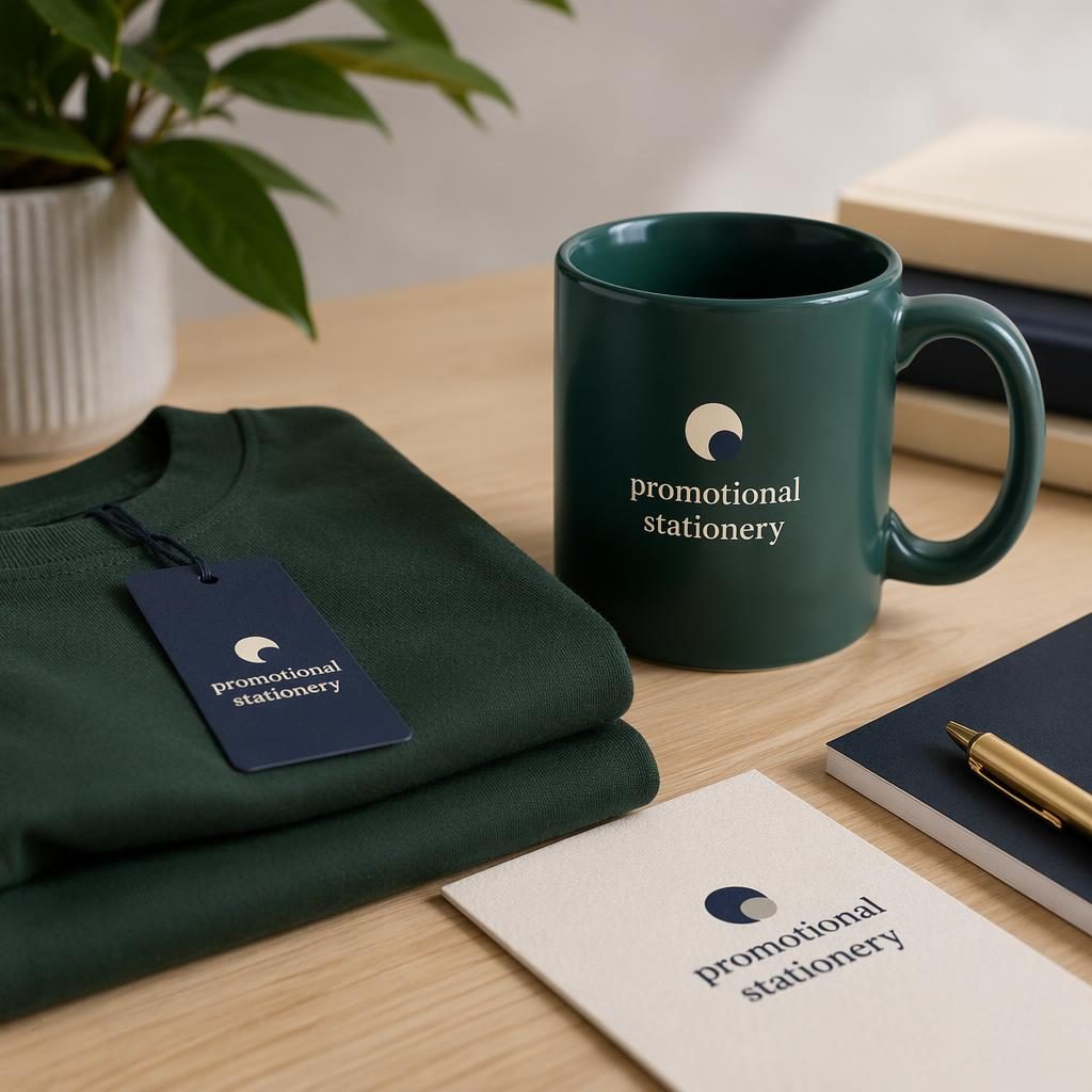 Forest green ceramic mug mockup with a centered promotional stationery logo in navy and cream on a studio background.