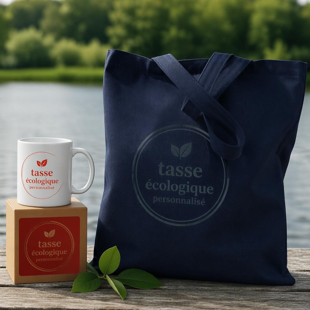 Sac cabas bleu marine en extérieur avec logo ton sur ton, photo mockup lifestyle nette et texture textile réaliste.