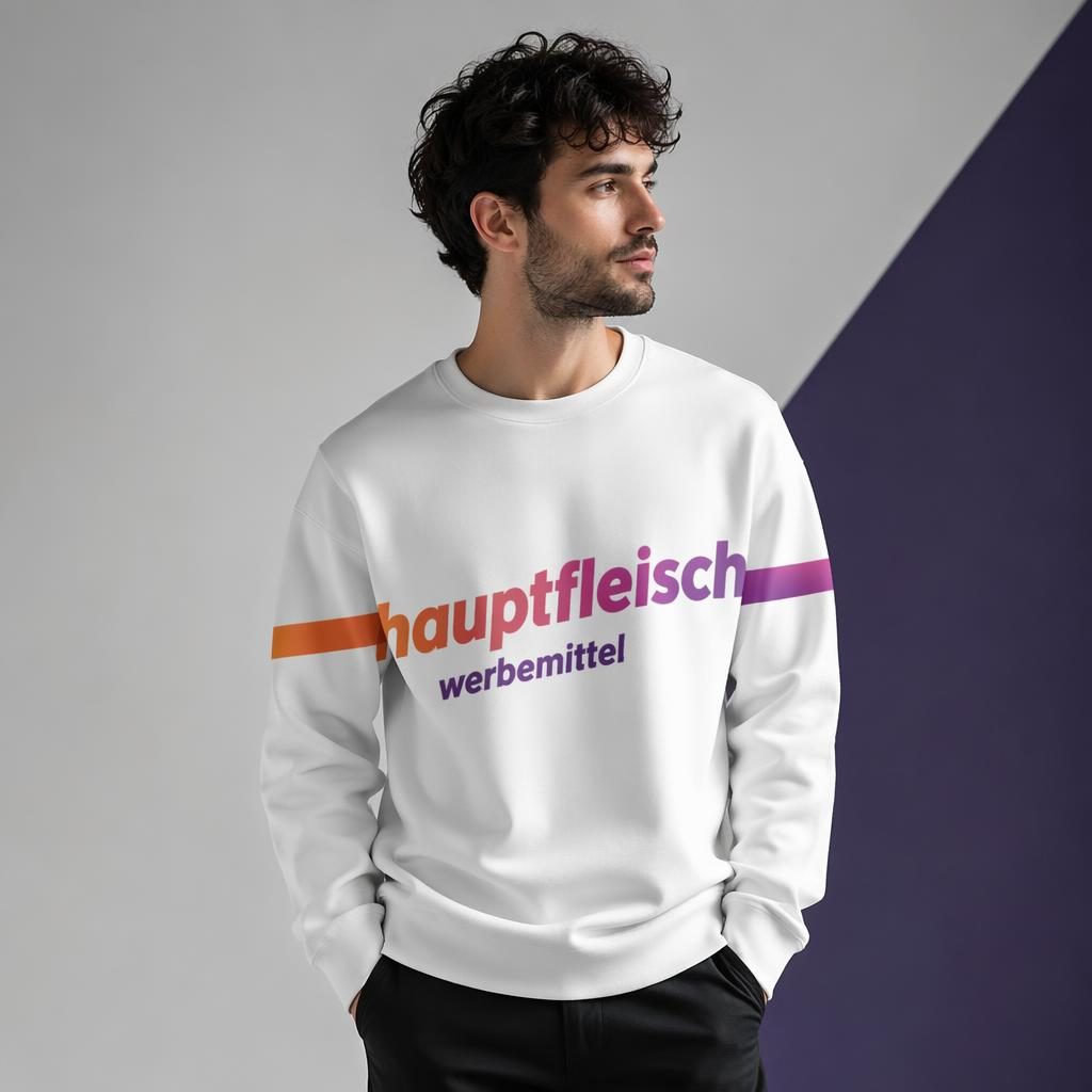 Weißer Crewneck am Model mit umlaufendem hauptfleisch werbemittel Logo in lebendigem Farbverlauf, Studioaufnahme