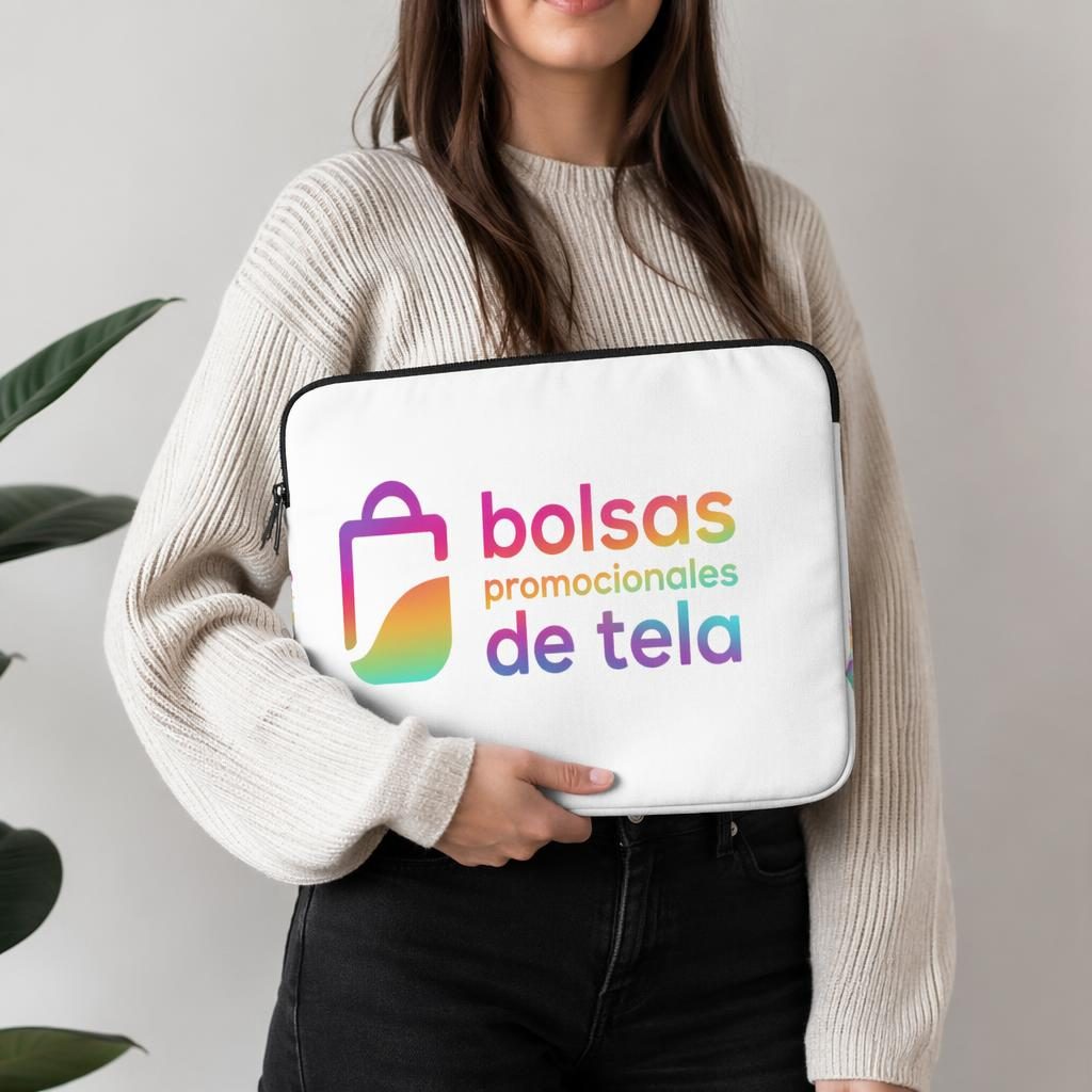 Modelo lleva una funda blanca para portátil con logo envolvente en degradado, foto de estudio y textura de tela nítida