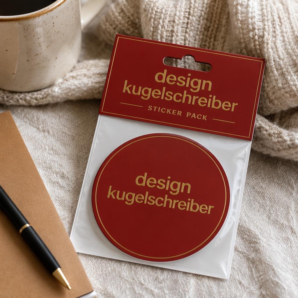 Fotorealistisches rotes Sticker-Pack mit großem design kugelschreiber Logo in Schwarz und Gold im cozy Home-Setting