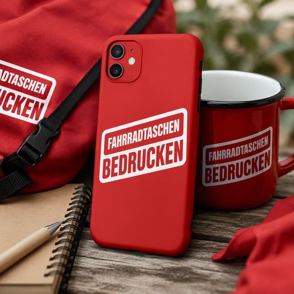 Fotorealistisches Mockup einer klassischen roten Handyhülle mit großem weißen Logo im Outdoor-Lifestyle-Stil