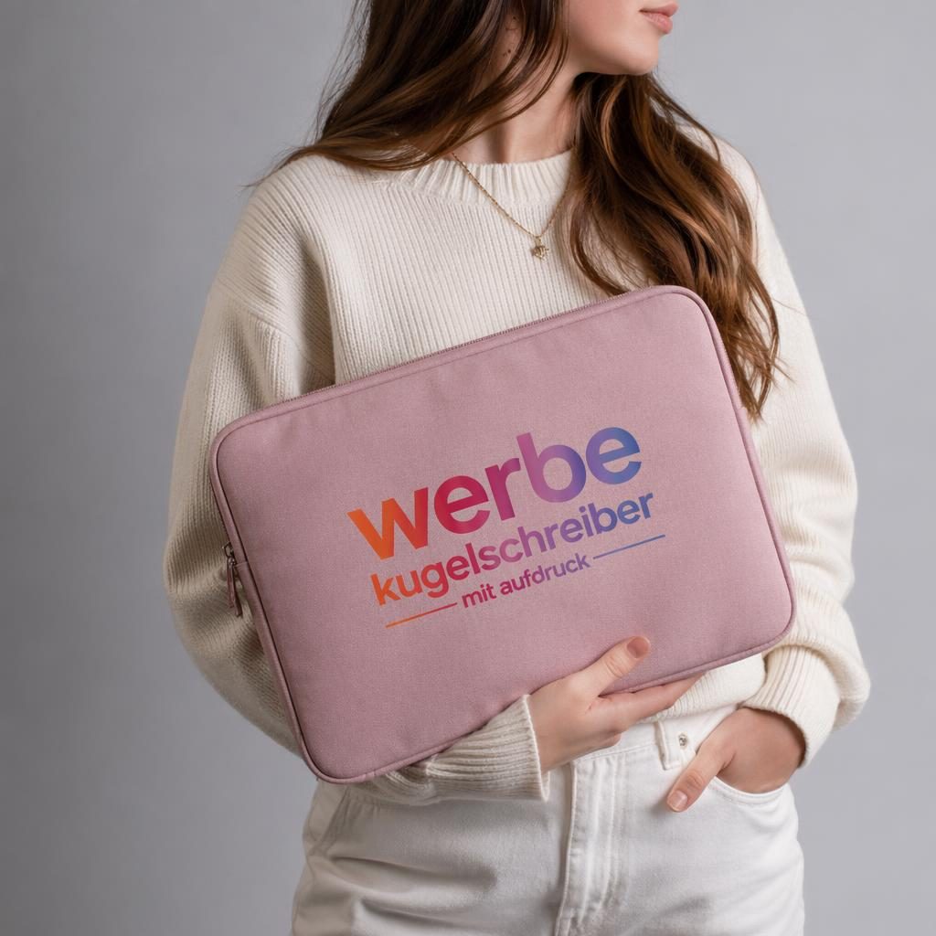 Staubrosa Laptop-Sleeve am Model getragen, Rückseite mit großem buntem Logo im Studio fotografiert