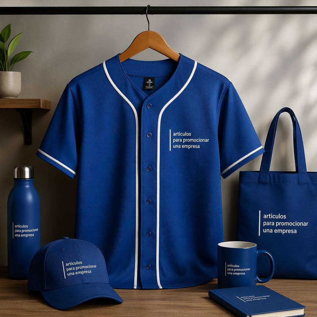 Mockup fotográfico de jersey de béisbol azul rey colgado en perchero con logo tipográfico bordado y estilo minimalista.