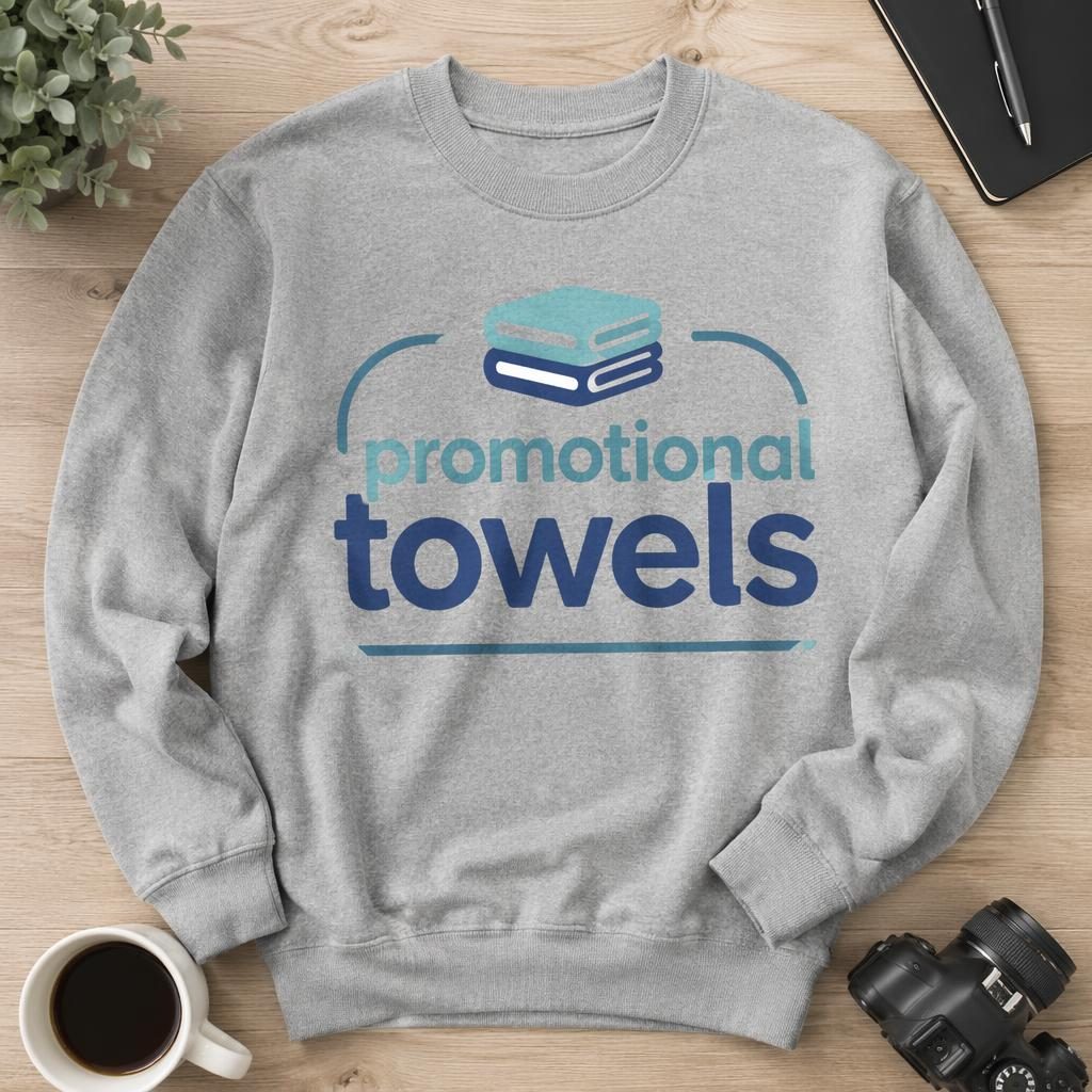 Heather gray crewneck sweatshirt flat lay with large promotional towels logo print in a soft pastel palette.