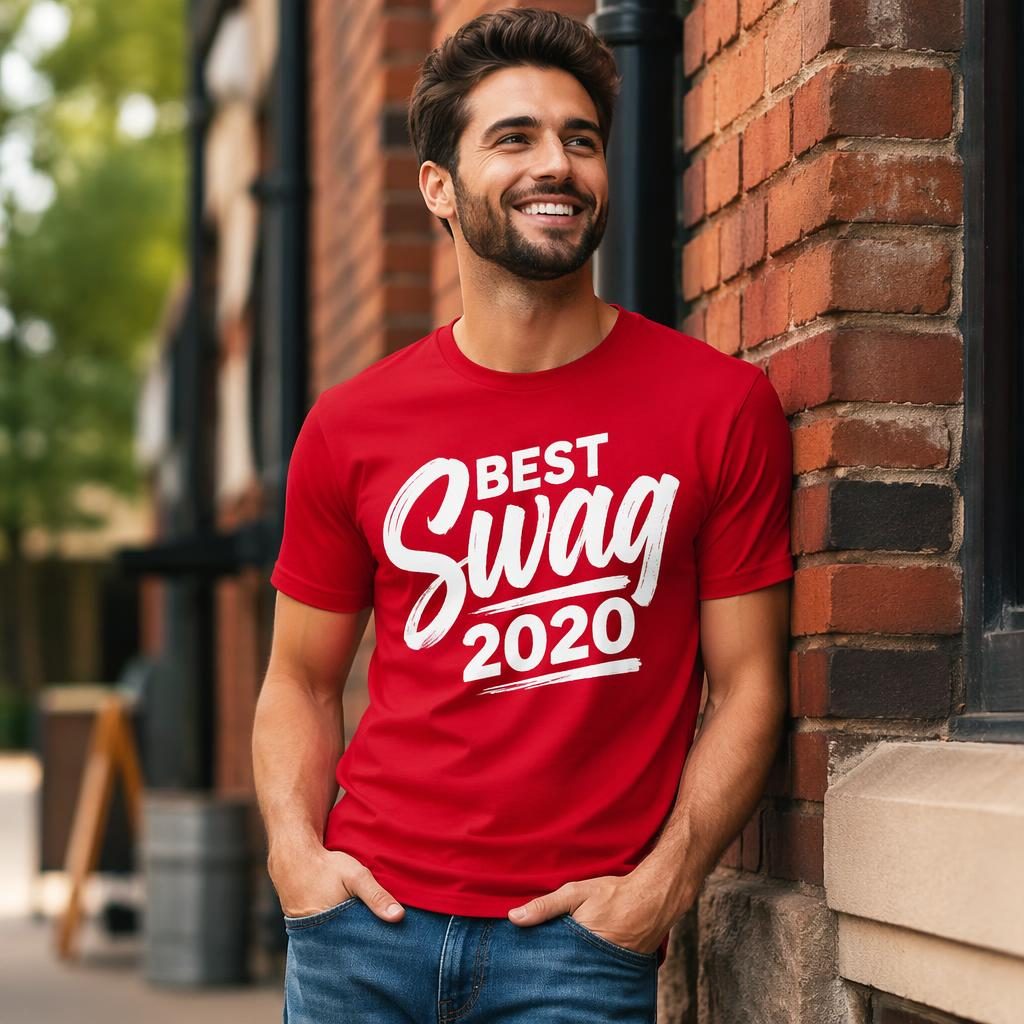 Photo-real mockup of a classic red t-shirt with a large white best swag 2020 logo print in an outdoor lifestyle setting.