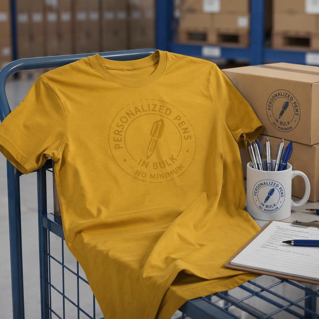 Photo-real mustard yellow t-shirt mockup with subtle tone-on-tone logo in a warehouse setting, sharp fabric texture.