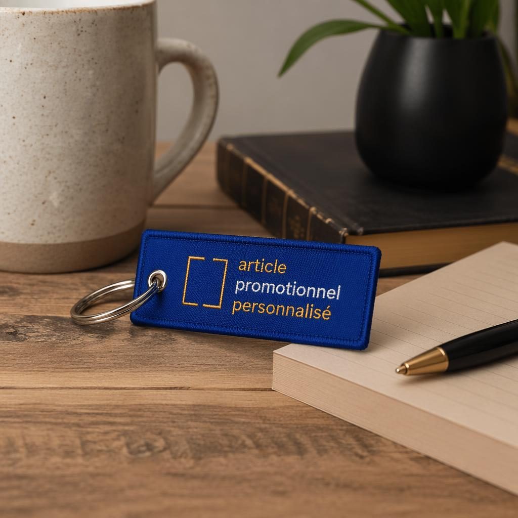Mockup photo réaliste d’un porte-clés bleu royal avec logo brodé, ambiance maison cosy noir et or.