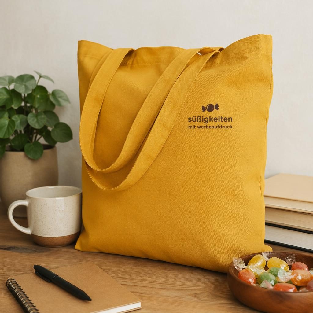 Senfgelbe Stofftasche als Produkt-Mockup auf Schreibtisch, kleines Logo süßigkeiten mit werbeaufdruck, warme Szene