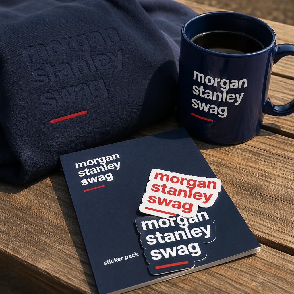 Photo-real navy sticker pack mockup outdoors with subtle tone-on-tone morgan stanley swag logo and red-white branding accents