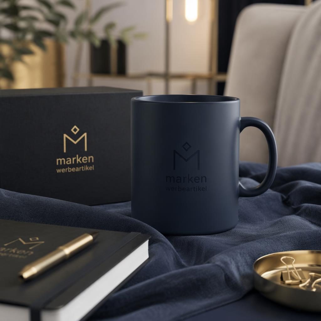 Fotorealistisches Mockup einer navyfarbenen Keramiktasse mit dezentem marken werbeartikel Logo im cozy Home-Setting