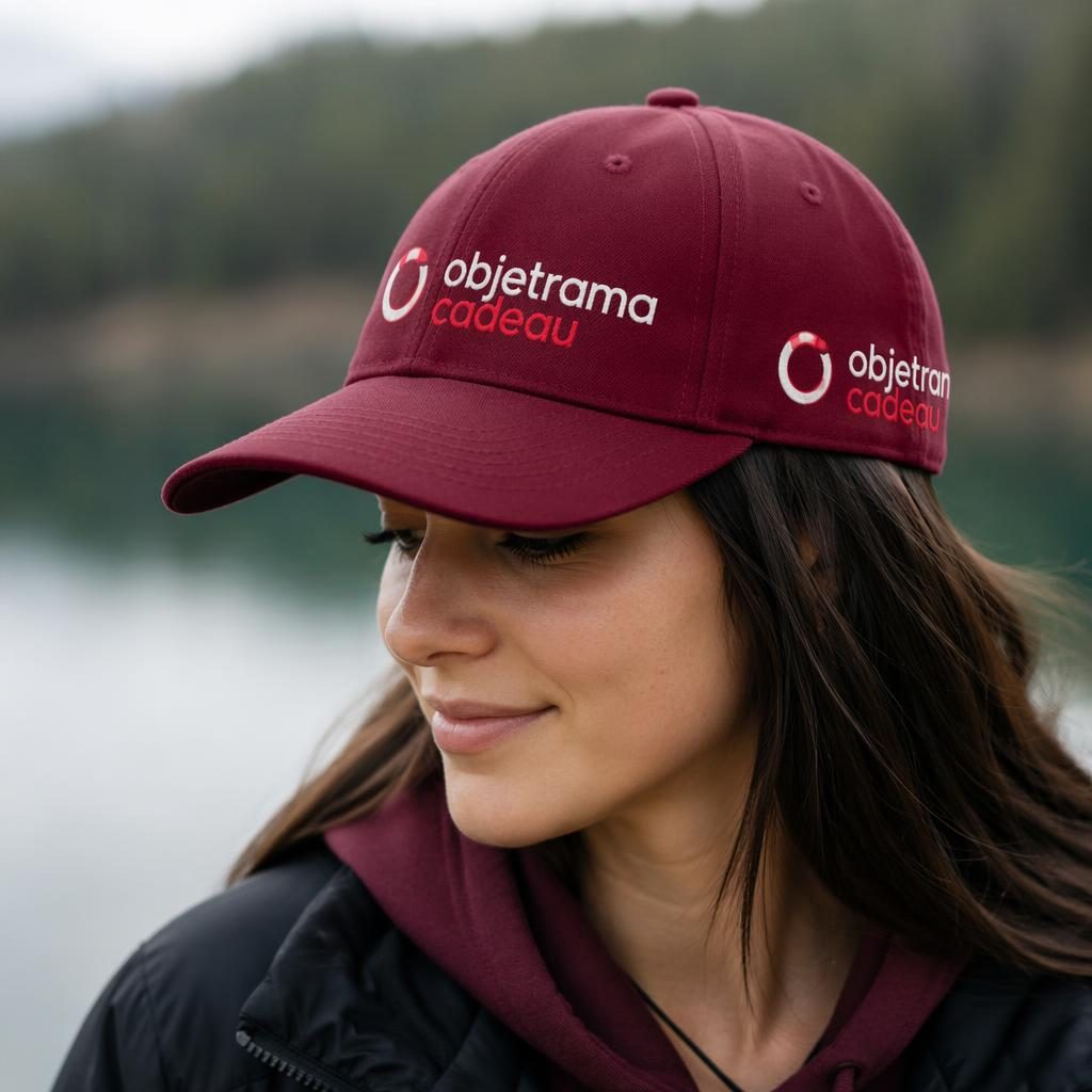 Casquette bordeaux en mockup photo réaliste, logo objetrama cadeau imprimé en tour, style lifestyle extérieur