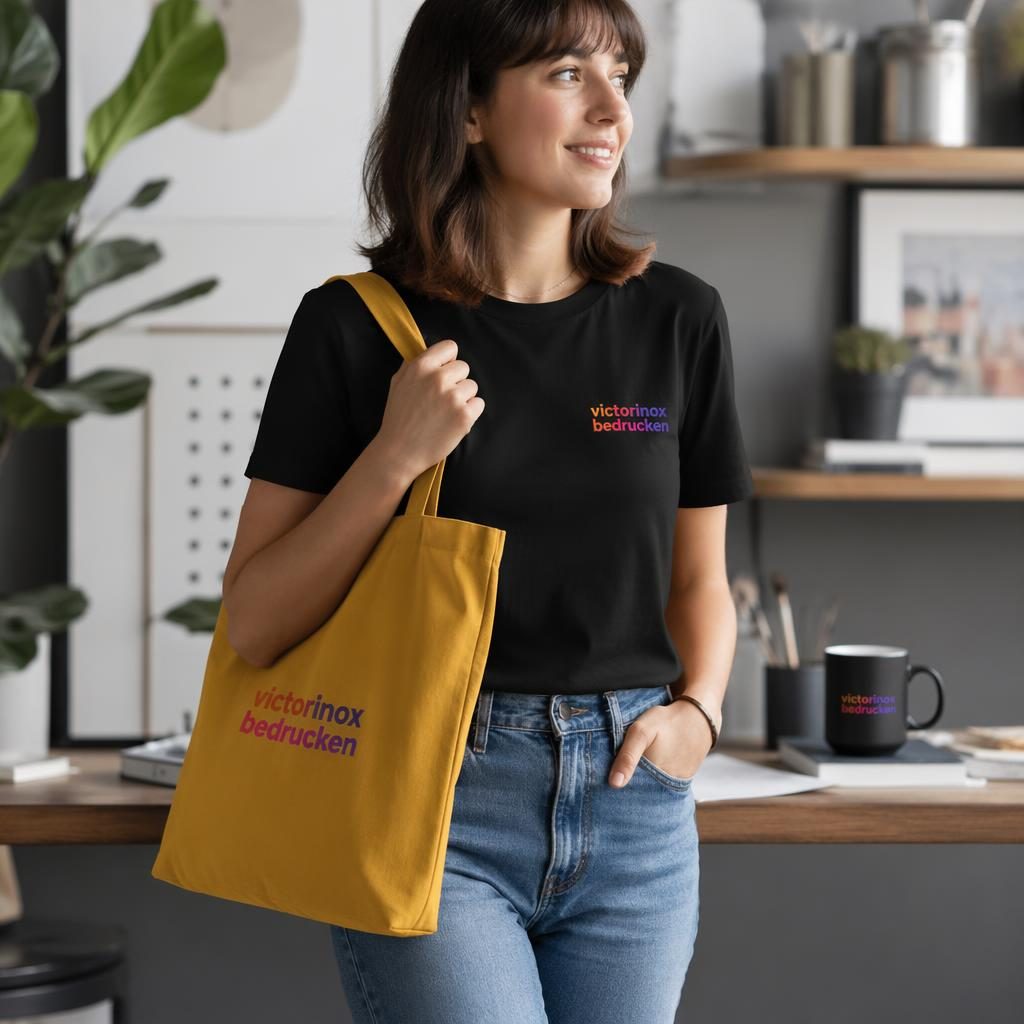 Senfgelbe Tote Bag am Model getragen, mit kleinem victorinox bedrucken Logo links oben, Studioaufnahme