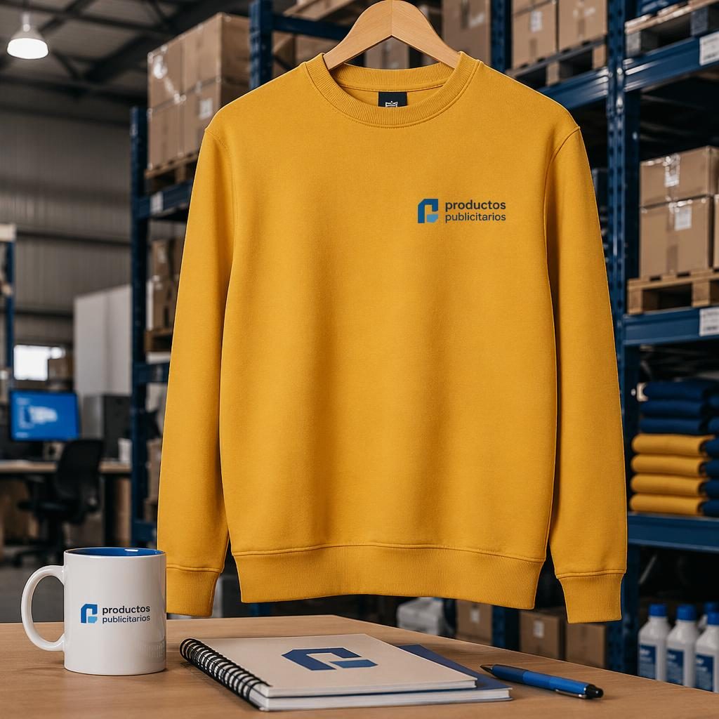 Sudadera mostaza de cuello redondo con logo pequeño productos publicitarios en el pecho izquierdo, estilo industrial.