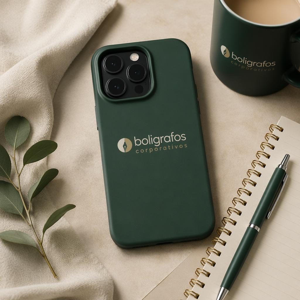 Funda de teléfono verde bosque en flat lay de estudio con logo genérico boligrafos corporativos al centro