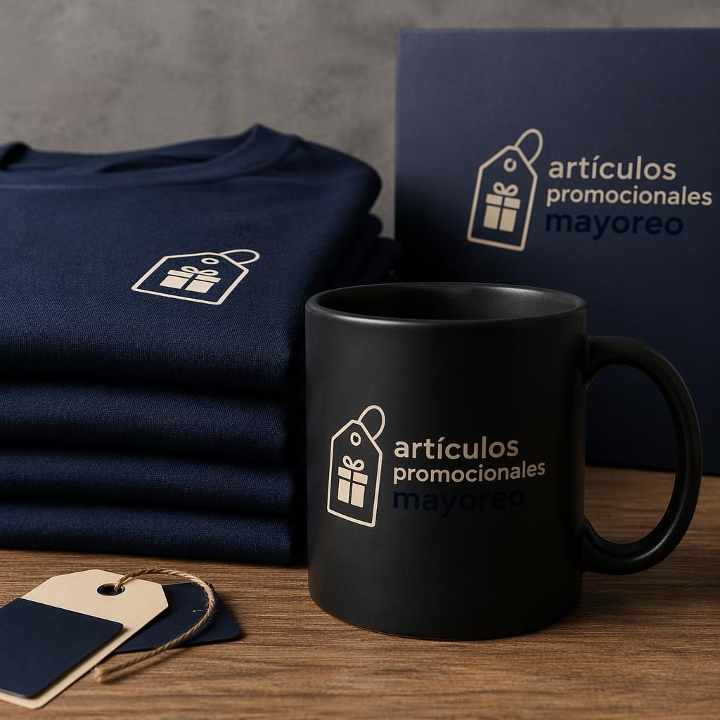 Taza negra con logo genérico sobre funda, junto a textiles doblados en azul marino y crema, en estudio.
