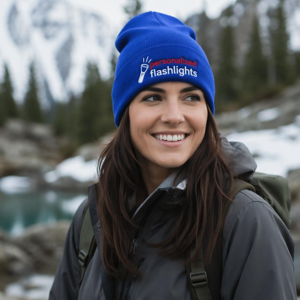 Royal blue beanie mockup with a red and white personalized flashlights logo on the folded sleeve, shot outdoors.