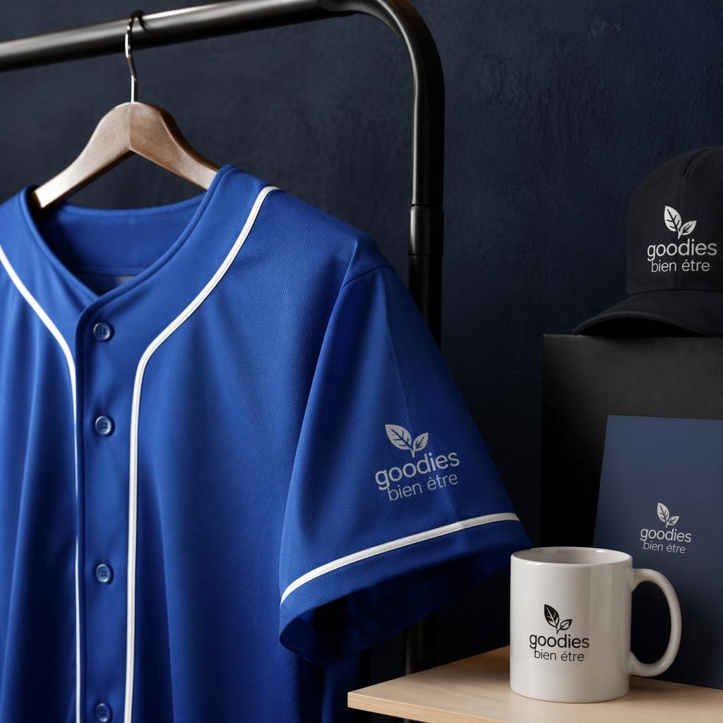 Mockup photo réaliste d’un maillot de baseball bleu roi suspendu, logo goodies bien etre imprimé sur la manche